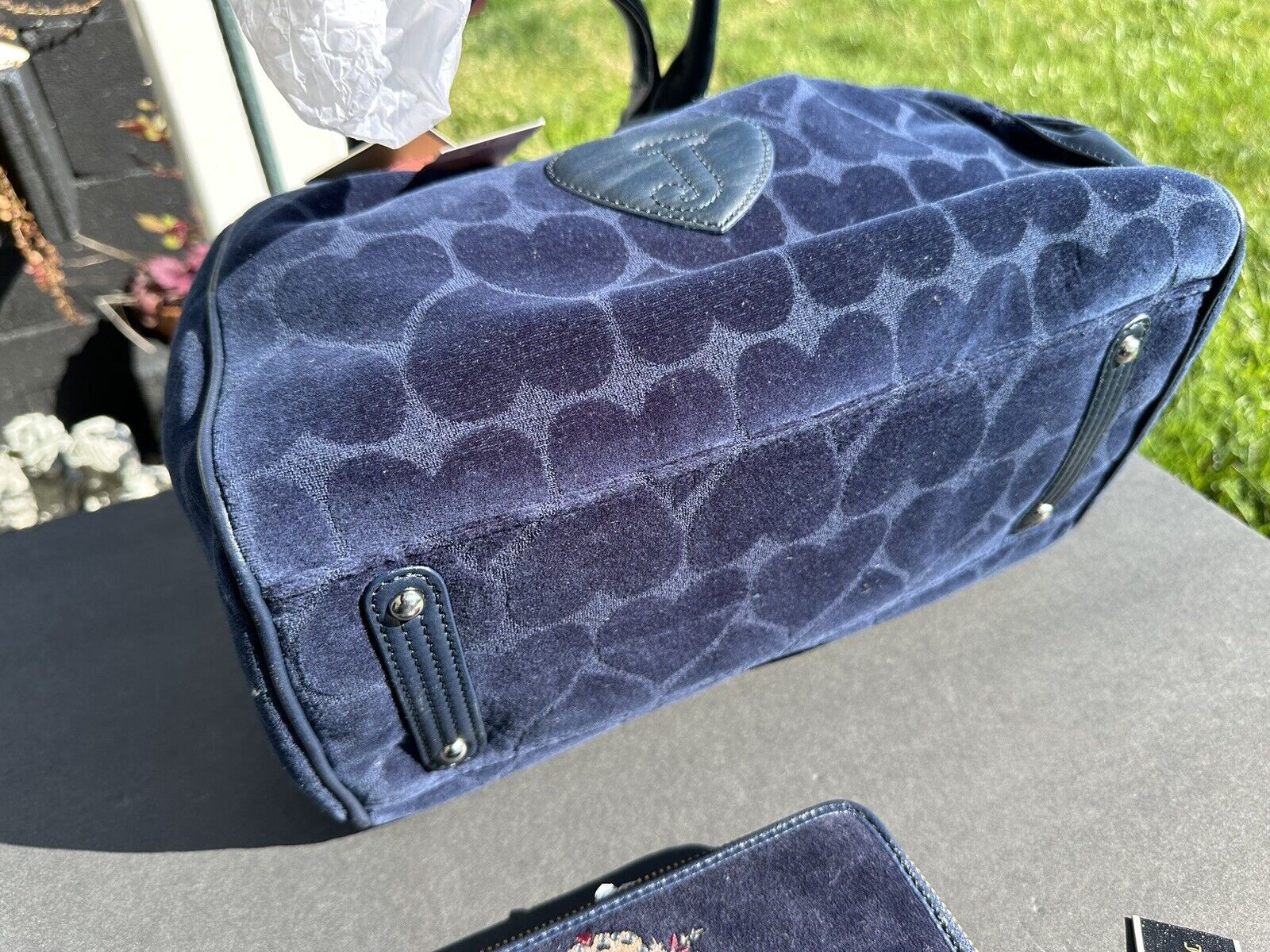 Juicy Couture Daydreamer Bag Navy Blue Velour Crown Heart Bow Charm and Wallet set