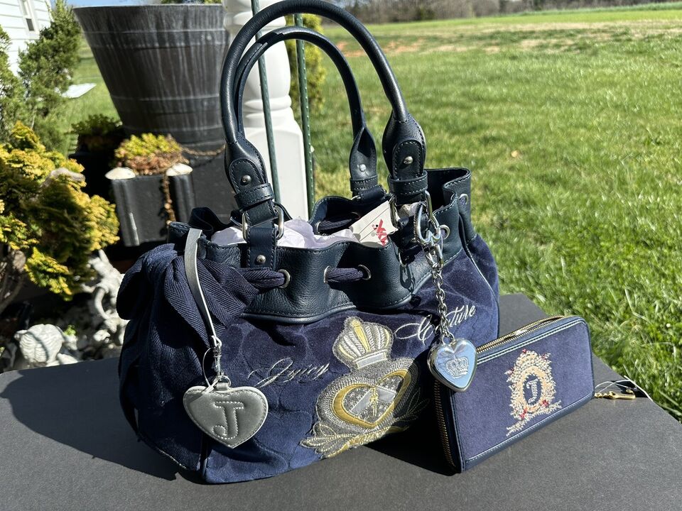 Juicy Couture Daydreamer Bag Navy Blue Velour Crown Heart Bow Charm and Wallet set